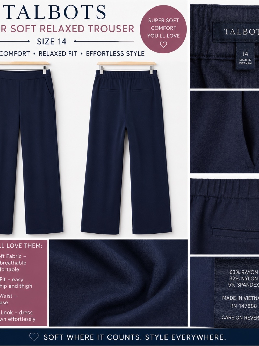 Talbots w' Navy Soft Relaxed Trousers